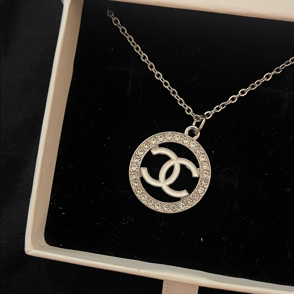 CHANEL Silver Crystal Circle Necklace